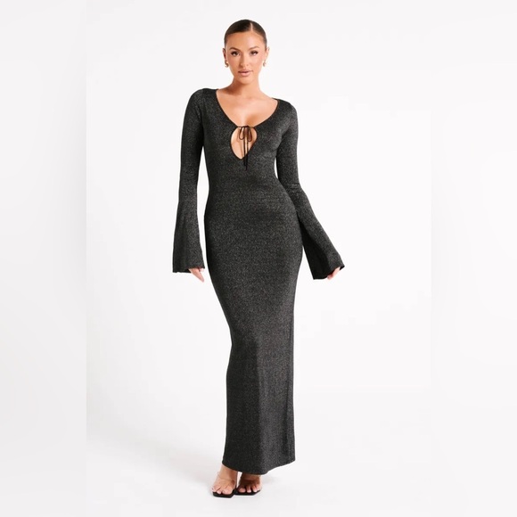 Meshki black metallic Kamila long-sleeve keyhole maxi dress - size XL - Picture 2 of 4